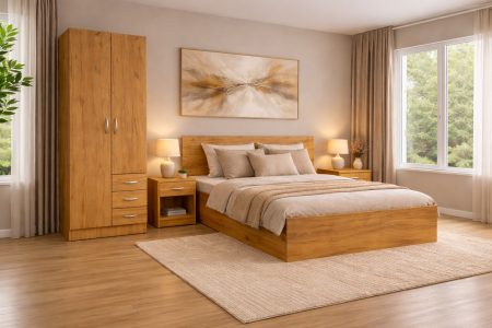 Seturi dormitor - Dormitor STAR Stejar Auriu – Set complet cu pat, dulap și 2 noptiere