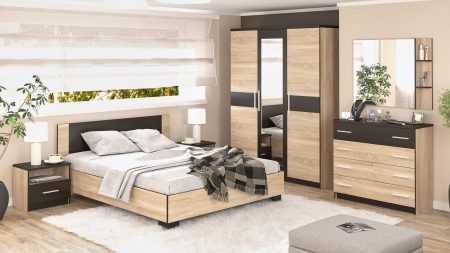 DORMITOARE - Dormitor Verona – Sonoma cu Wenge, Dulap 150 cm, Pat 160×200 cm, 2 Noptiere și Comodă 4s