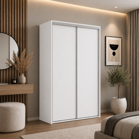 Dulapuri culisante - Dressing Alb Mat cu 2 Uși Culisante, PAL 18 mm, cu Bară Haine și 5 Polițe