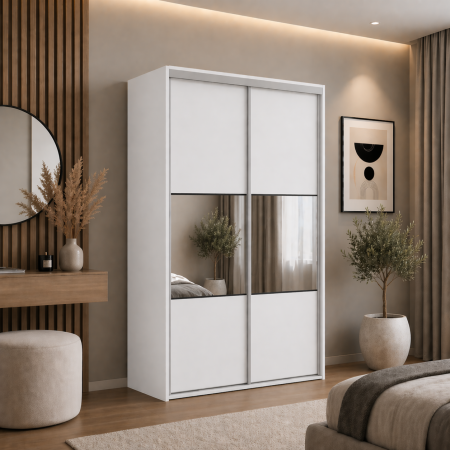 Dulapuri culisante - Dressing Alb Mat cu 2 Uși Culisante și Oglindă, PAL 18 mm, cu Bară pentru Haine și 5 Polițe