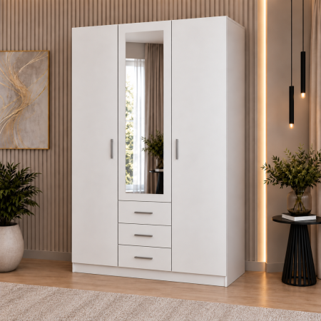 Dulapuri 3 uși - Dulap 3 Uși si 3 sertare, 200x120x50 cm Alb Mat | 5 Polițe și Bară pentru Haine | PAL 18 mm | Balamale Soft Close 3D