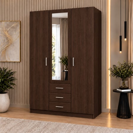 Dulap 3 Uși si 3 sertare, 200x120x50 cm Alb Mat | 5 Polițe și Bară pentru Haine | PAL 18 mm | Balamale Soft Close 3D