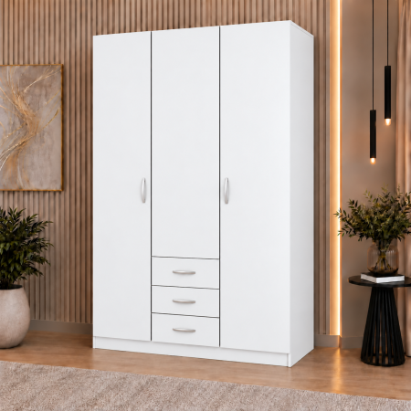 Dulapuri 3 uși - Dulap 3 Uși si 3 sertare, 200x120x50 cm Alb Mat | 5 Polițe și Bară pentru Haine | PAL 18 mm | Balamale Soft Close 3D