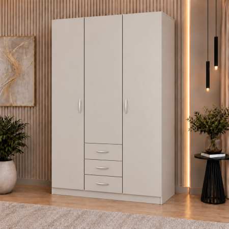 Dulap 3 Uși si 3 sertare, 200x120x50 cm Cashmere | 5 Polițe și Bară pentru Haine | PAL 18 mm | Balamale Soft Close 3D