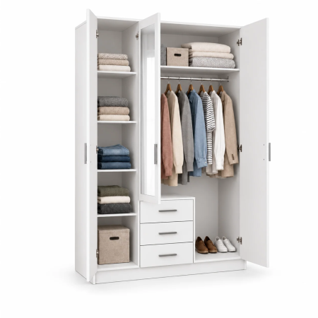 Dulap cu 3 Uși și 3 Sertare cu Oglindă, 5 Polițe și Bară pentru Haine, 200 x 120 x 50 cm Alb Mat |  PAL 18 mm | Balamale Soft Close 3D [2]