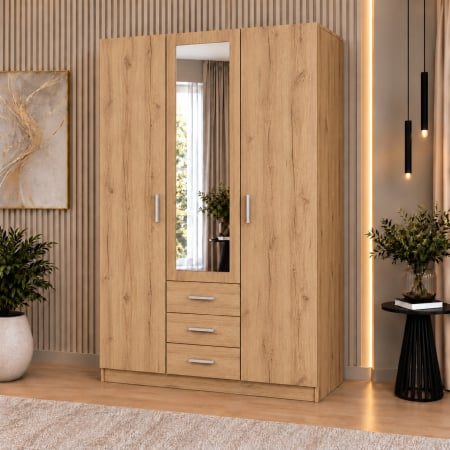 Dulap 3 Uși si 3 sertare, 200x120x50 cm Alb Mat | 5 Polițe și Bară pentru Haine | PAL 18 mm | Balamale Soft Close 3D