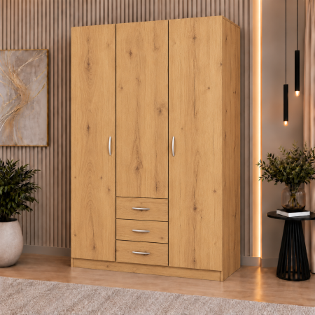 Dulap 3 Uși si 3 sertare, 200x120x50 cm Stejar Auriu | 5 Polițe și Bară pentru Haine | PAL 18 mm | Balamale Soft Close 3D