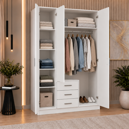 Dulapuri 3 uși - Dulap 3 Uși si 3 sertare, 200x120x50 cm Alb Mat | 5 Polițe și Bară pentru Haine | PAL 18 mm | Balamale Soft Close 3D
