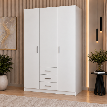 Dulap 3 Uși si 3 sertare, 200x120x50 cm Alb Mat | 5 Polițe și Bară pentru Haine | PAL 18 mm | Balamale Soft Close 3D [1]