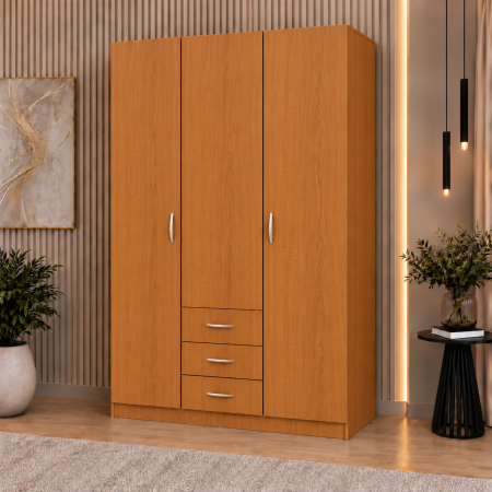 Dulap 3 Uși si 3 sertare, 200x120x50 cm Alb Mat | 5 Polițe și Bară pentru Haine | PAL 18 mm | Balamale Soft Close 3D