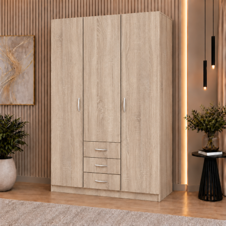 Dulap 3 Uși si 3 sertare, 200x120x50 cm Sonoma | 5 Polițe și Bară pentru Haine | PAL 18 mm | Balamale Soft Close 3D
