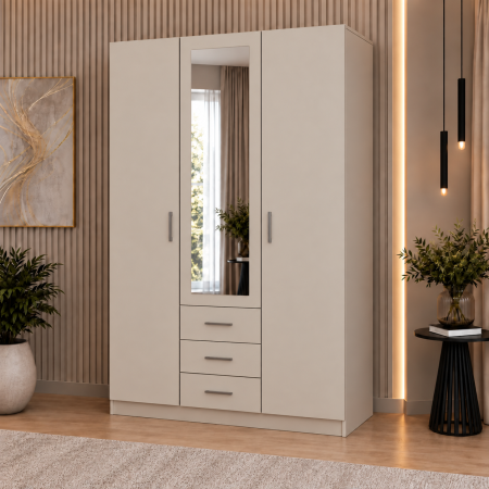 Dulap 3 Uși si 3 sertare, 200x120x50 cm Cashmere | 5 Polițe și Bară pentru Haine | PAL 18 mm | Balamale Soft Close 3D