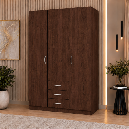 Dulap 3 Uși si 3 sertare, 200x120x50 cm Wenge | 5 Polițe și Bară pentru Haine | PAL 18 mm | Balamale Soft Close 3D