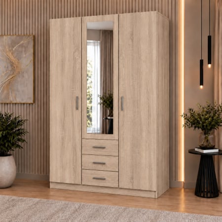 Dulap 3 Uși si 3 sertare, 200x120x50 cm Alb Mat | 5 Polițe și Bară pentru Haine | PAL 18 mm | Balamale Soft Close 3D