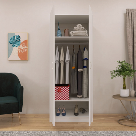 Dulap Alb cu 2 Usi, 2 Rafturi Depozitare si Bara de Haine 200x80x50 cm, din Pal de 18 mm [1]