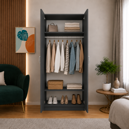 Dulap Gri Antracit cu 2 Usi, 2 Rafturi Depozitare si Bara de Haine 200x80x50 cm, din Pal de 18 mm