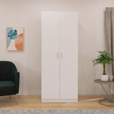 Dulap Alb cu 2 Usi, 2 Rafturi Depozitare si Bara de Haine 200x80x50 cm, din Pal de 18 mm [2]