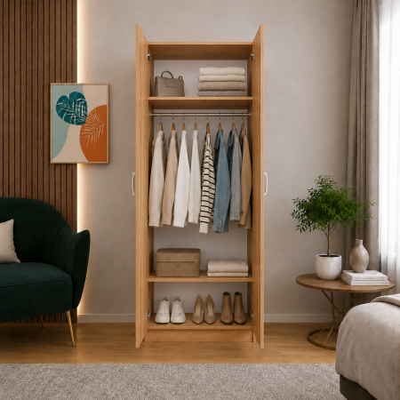 Dulap Stejar Auriu cu 2 Usi, 2 Rafturi Depozitare si Bara de Haine 200x80x50 cm, din Pal de 18 mm