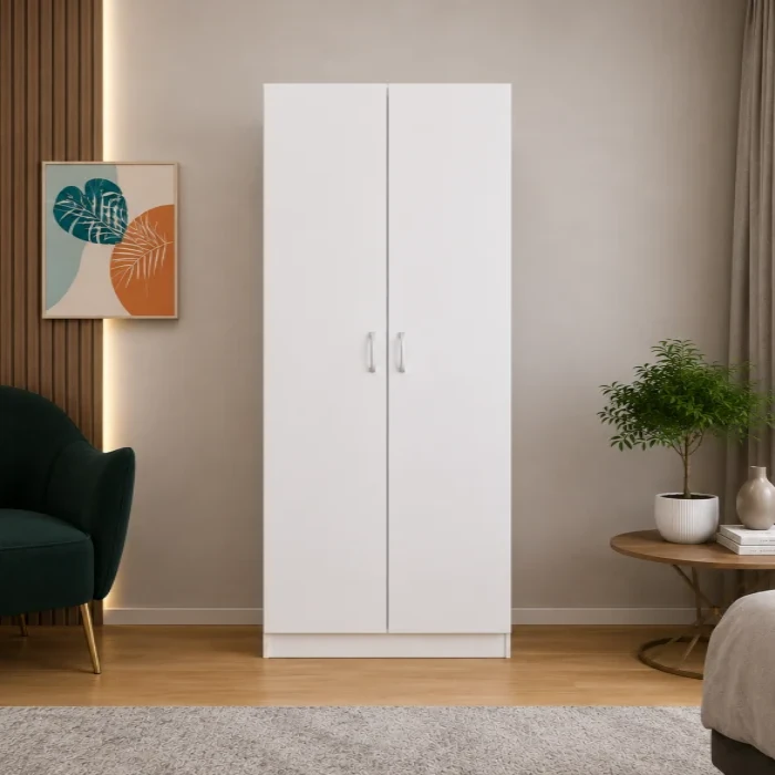Dulap Alb cu 2 Usi, 2 Rafturi Depozitare si Bara de Haine 200x80x50 cm, din Pal de 18 mm [1]