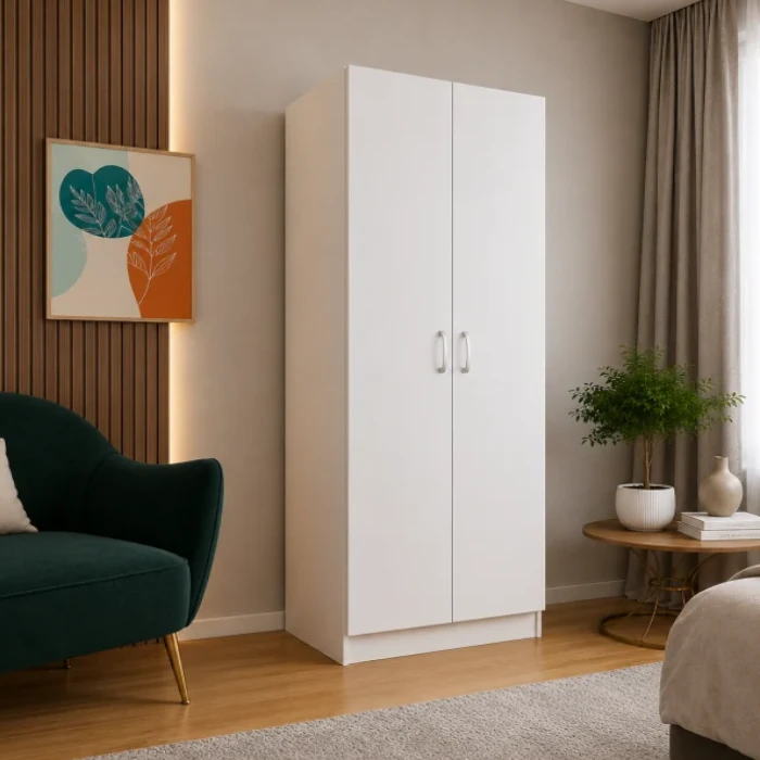 Dulap Alb cu 2 Usi, 2 Rafturi Depozitare si Bara de Haine 200x80x50 cm, din Pal de 18 mm [2]