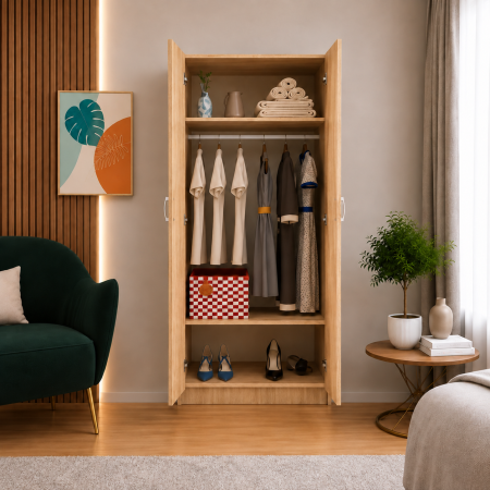 Dulap Stejar Auriu cu 2 Usi, 2 Rafturi Depozitare si Bara de Haine 200x80x50 cm, din Pal de 18 mm