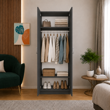 Dulap Gri Antracit cu 2 Usi, 2 Rafturi Depozitare si Bara de Haine 200x80x50 cm, din Pal de 18 mm