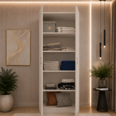 Dulap cu 2 Usi si 4 Rafturi de Depozitare, 200x80x40 cm, Culoare Alb – Balamale cu amortizare și reglaj 3D