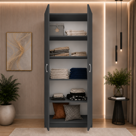 Dulap cu 2 Usi si 4 Rafturi de Depozitare, 200x80x40 cm, Culoare Gri Antracit – Balamale cu amortizare și reglaj 3D