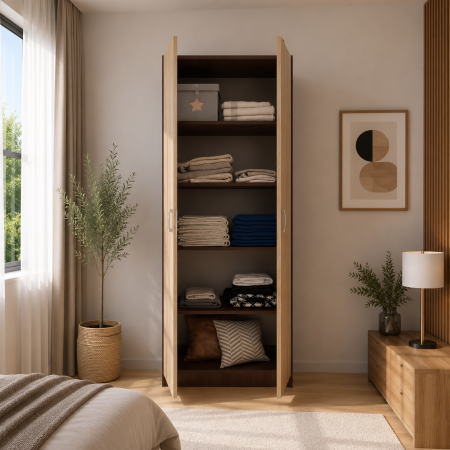 Dulapuri 2 uși - Dulap Wenge cu Sonoma in 2 Usi si 4 Polite de Depozitare, 200X80x40 cm, din Pal de 18 mm
