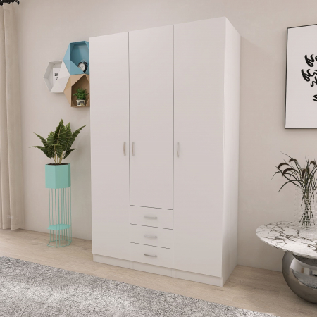 DULAPURI 3 USI - Dulap cu 3 usi si 3 Sertare, 200x120x50, Culoare Alba din Pal de 18 mm