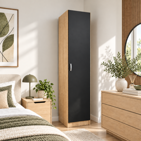 Dulapuri 1 ușă - Dulap cu o Usa si 4 polite 200X45X45 cm, Culoare Sonoma cu Negru din Pal de 18mm