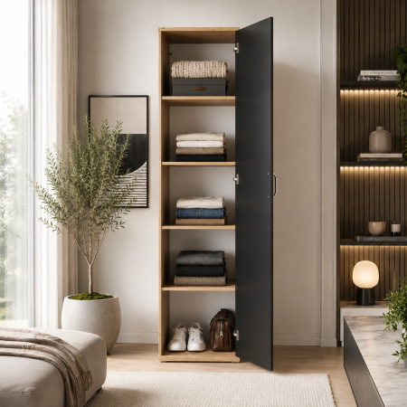 Dulapuri 1 ușă - Dulap cu o Usa si 4 polite 200X45X45 cm, Culoare Sonoma cu Negru din Pal de 18mm