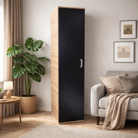 Dulapuri 1 ușă - Dulap cu o Usa si 4 polite 200X45X45 cm, Culoare Sonoma cu Negru din Pal de 18mm