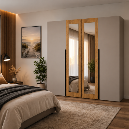 Dulapuri 4 uși - Dulap cu Oglinda OSLO 4 Uși 200x180x50 cm Cashmere cu Stejar Auriu | PAL 18 mm | Balamale Soft Close 3D