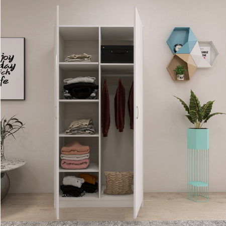 DULAPURI 2 USI - Dulap in 2 Usi Mixt cu Bara si 5 Rafturi Depozitare 200x100x50 cm,Culoare Alba, Material PAL de 18mm