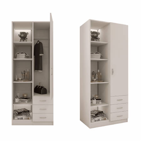 DULAPURI 2 USI - Dulap Mixt Alpin cu o Usa si 3 Sertare, 200x80x50 cm, Culoare Alb, Material din PAL de 18mm