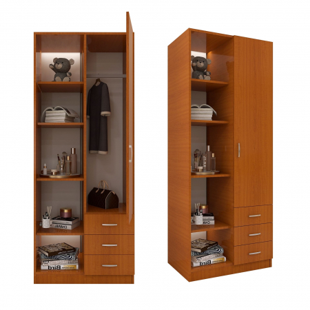 DULAPURI 2 USI - Dulap Mixt Alpin cu o Usa si 3 Sertare, 200x80x50 cm, Culoare Cires, Material din PAL de 18mm