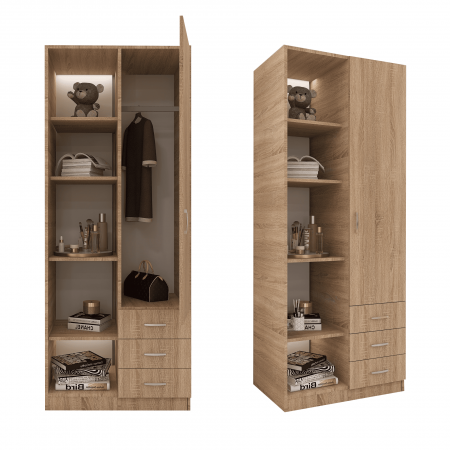 DULAPURI 2 USI - Dulap Mixt Alpin cu o Usa si 3 Sertare, 200x80x50 cm, Culoare Sonoma, Material din PAL de 18mm
