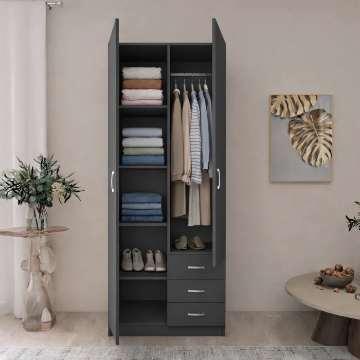 Dulapuri 2 uși - Dulap Mixt Star cu 2 Usi si 3 Sertare, 200x80x50 cm,Culoare Gri Antracit, Material din PAL de 18mm