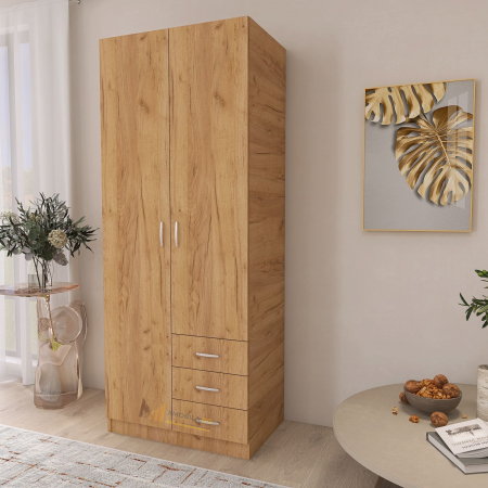 DULAPURI 2 USI - Dulap Mixt Star cu 2 Usi si 3 Sertare, 200x80x50 cm,Culoare Stejar Auriu – Balamale cu amortizare și reglaj 3D