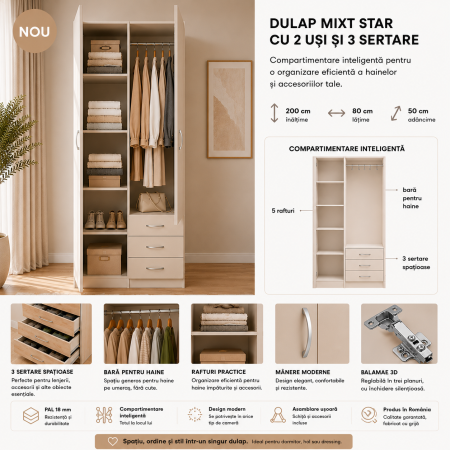 Dulap Mixt Star cu 2 Usi si 3 Sertare, 200x80x50 cm,Culoare Sonoma, Material din PAL de 18mm [2]