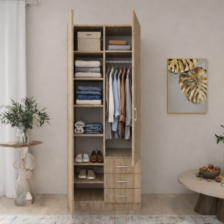 Dulapuri 2 uși - Dulap Mixt Star cu 2 Usi si 3 Sertare, 200x80x50 cm,Culoare Sonoma, Material din PAL de 18mm