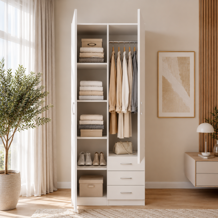 Dulap Mixt Star cu 2 Uși și 3 Sertare Dreapta, 200x80x50 cm, Alb Mat – Balamale cu amortizare și reglaj 3D