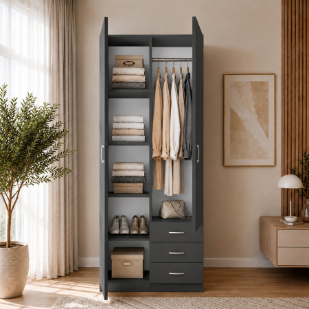Dulap Mixt Star cu 2 Uși și 3 Sertare Dreapta, 200x80x50 cm, Culoare Gri Antracit – Balamale cu amortizare și reglaj 3D