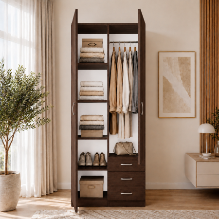 Dulap Mixt Star cu 2 Uși și 3 Sertare Dreapta, 200x80x50 cm, Culoare Wenge – Balamale cu amortizare și reglaj 3D