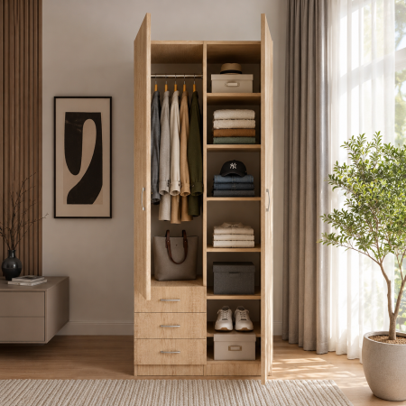 Dulapuri 2 uși - Dulap Mixt Star cu 2 Usi si 3 Sertare Stanga, 200x80x50 cm,Culoare Sonoma – Balamale cu amortizare și reglaj 3D
