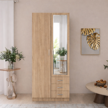 Dulapuri 2 uși - Dulap Mixt Star cu Oglinda, 200x80x50 cm, Culoare Sonoma – Balamale cu amortizare și reglaj 3D