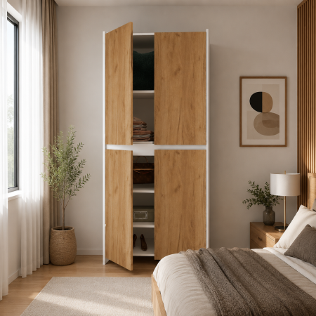 Dulapuri 2 uși - Dulap Modern Torino cu 4 usi, 200x80x50 cm, Culoare Alb/Stejar Auriu – Balamale cu amortizare și reglaj 3D