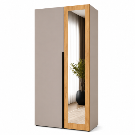 Dulap Oslo 2 Uși cu Oglindă, 90 cm, Cashmere cu Stejar Auriu – 200 x 90 x 50 cm [3]