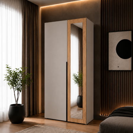 Dulapuri 2 uși - Dulap Oslo 2 Uși cu Oglindă, 90 cm, Cashmere cu Stejar Auriu – 200 x 90 x 50 cm